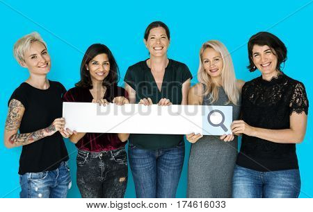 Group of women smiling and hodling search blank banner