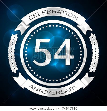 Fifty four years anniversary celebration with silver ring and ribbon on blue background. Vector illustration