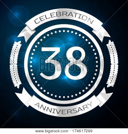 Thirty eight years anniversary celebration with silver ring and ribbon on blue background. Vector illustration