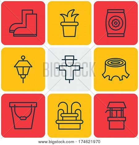 Set Of 9 Agriculture Icons. Includes Bugbear, Bush Pot, Water Source And Other Symbols. Beautiful Design Elements.