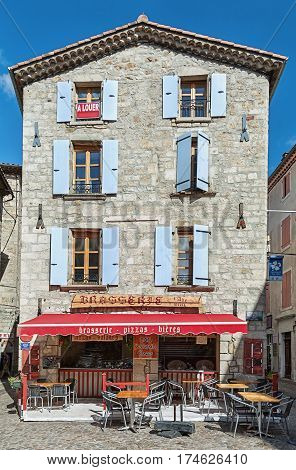 Largentiere France September 17 2015: Image of restaurants in a streets in the center of Largentiere in the Ardeche region of France
