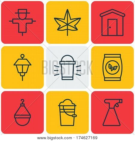 Set Of 9 Garden Icons. Includes Hanger, Bucket, Bugbear And Other Symbols. Beautiful Design Elements.