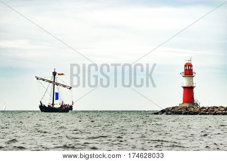 Sailing ship on the sea. Tall Ship.Yachting and Sailing travel. Cruises and holidays. Postcard and Book cover.