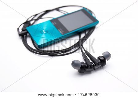 Earphones with Music Player Isolated on White Background