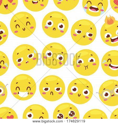 Seamless pattern with cheerful happy smileys for textiles interior or book design and funny character website yellow expression background vector illustration. Round emoji positive backdrop.