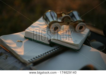vintage pearl operaglasses and notepads in the sunset light
