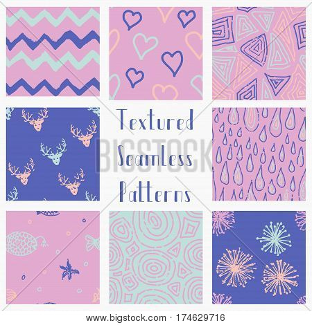 Set of Abstract Hand Drawn Geometric Colorful Grunge Textured Seamless Background Patterns. Fully Editable EPS file with Pattern Swatches