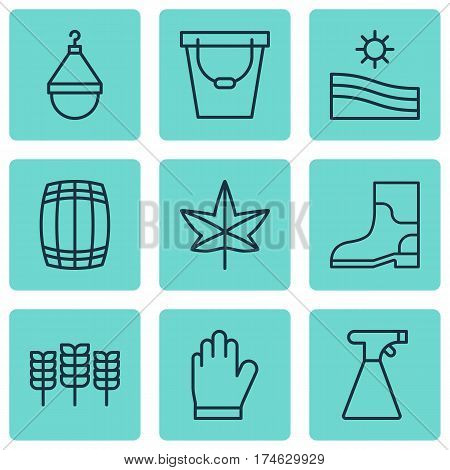 Set Of 9 Plant Icons. Includes Pail, Cask, Meadow And Other Symbols. Beautiful Design Elements.