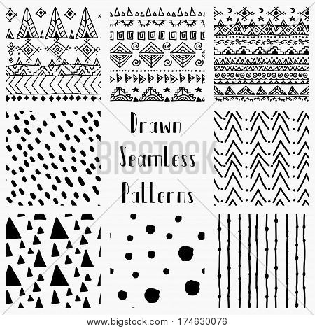 Set of Abstract Hand Drawn Geometric Black Seamless Background Patterns. Fully Editable EPS file with Pattern Swatches. Doodle Style