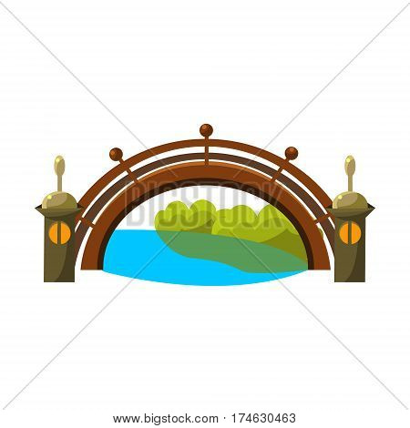 Wooden Bridge Over River, Bonsai Miniature Traditional Japanese Garden Landscape Element Vector Illustration. Japan Culture Mini Plant Growing Art Isolated Landscaping Item