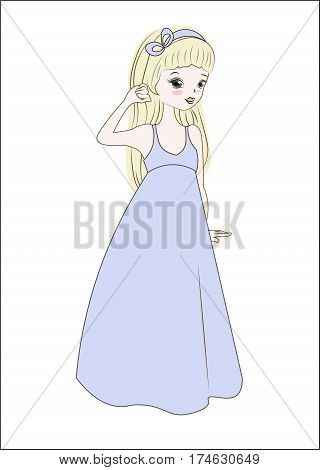the princess girl in a blue summer dress blonde