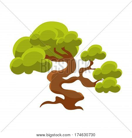 Green Tree Bonsai Miniature Traditional Japanese Garden Landscape Element Vector Illustration. Japan Culture Mini Plant Growing Art Isolated Landscaping Item