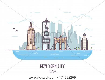 New York City line vector pixel perfect illustration. Bridge and real famous buildings flat style. Architecture background with skyscrapers and river. USA modern town. Business center of NYC.