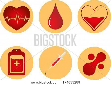 Blood Donation Icon Set. Heart, Blood, Drop, Counter, Syringe And Mataball Molecule. Vector Illustra