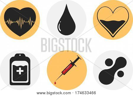 Blood Donation Icon Set. Heart, Blood, Drop, Counter, Syringe And Mataball Molecule. Vector Illustra