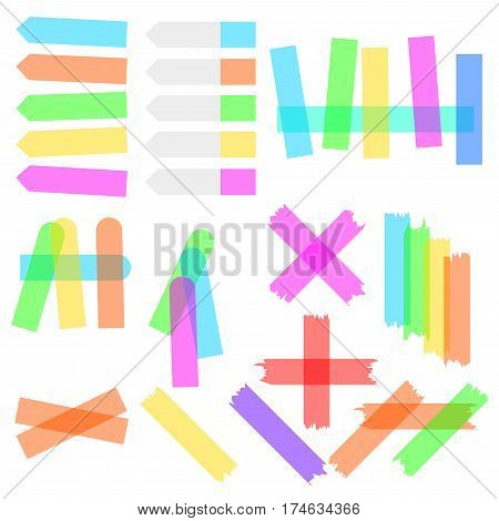 A set of transparent colored adhesive tapes stickers and bookmarks isolated on a white background. Single sticky scotch and crossed with each other. Colorful flat style realistic illustration.
