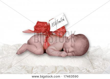 Infant lapsen valkoinen tyyny keula ja lahja Tag