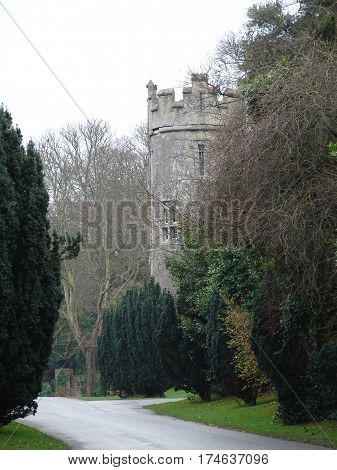 stately castle turret and grounds in ireland