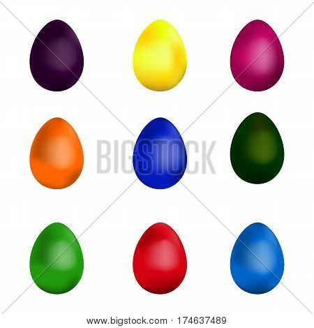 blue, yellow, purple, green, orange, red Easter eggs on white background