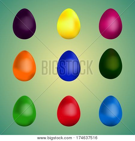 blue, yellow, purple, green, orange, red Easter eggs on blue background