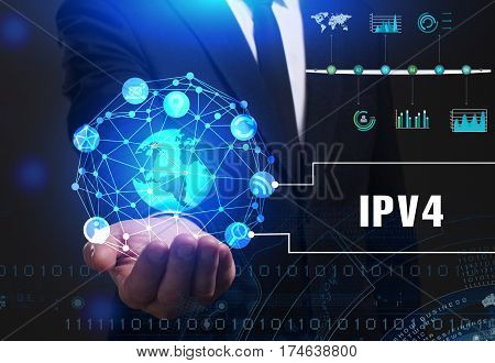 Business, Technology, Internet And Network Concept. Young Businessman Working On A Virtual Screen Of