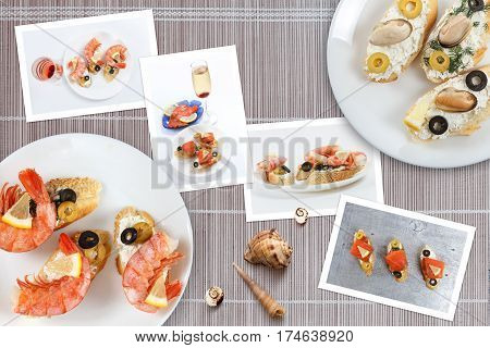 Beautiful snapshots of various italian sandwiches with seafood arranged on rustic wooden background with plates with food and seashells with copy space horizontal top view.