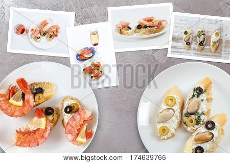 Beautiful snapshots of various italian sandwiches with seafood arranged on rustic wooden background with plates with food and seashells with copy space horizontal top view.