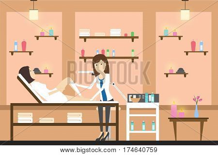 Depilation in spa center. Cosmetologist does epilation of legs in salon.