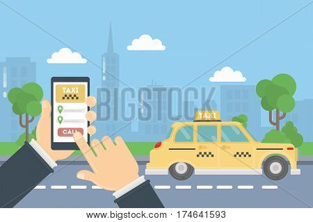 App for taxi. Man holds hand with smarthone. Application for calling taxi. Yellow car in urban exterior.