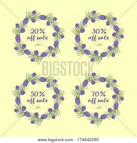 Set of Sale Sign Banner Poster ready for Web and Print. Spring sale tag design, voucher template. Big set. Floral frame for text, isolated on white background. Vector illustration
