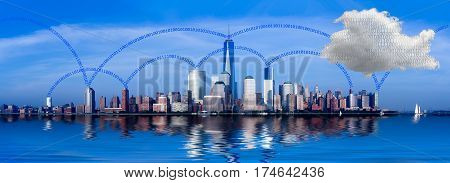 Panorama of lower Manhattan of New York City with cloud computing illustration of network connectivity between offices and the internet
