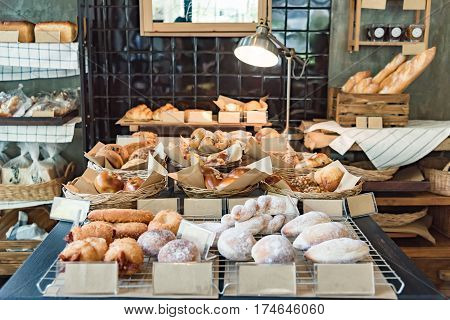 Various fresh bake bread made from oragnic ingredient in local bakery shop Tokyo Japan.