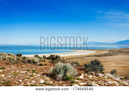 Panoramic view of beautiful Great Salt Lake at Antelope Island State Park, Utah, USA
