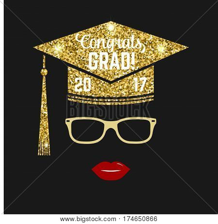 Vector Class of 2017 badge. Concept for shirt, print, seal, overlay or stamp, greeting, invitation card. Typography design- stock vector. Design with graduation cap, glasses, lips and text Class of.