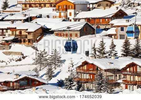 Beautiful cityscape of Sestriere ski resort in the Italian Alps, Piedmont