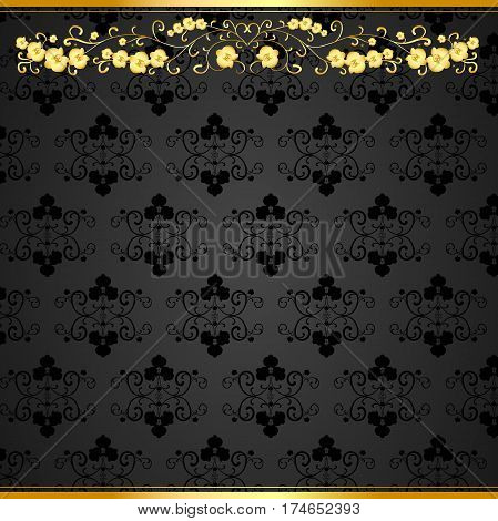 Golden curls with orchids on a black background with velvety texture for business cards
