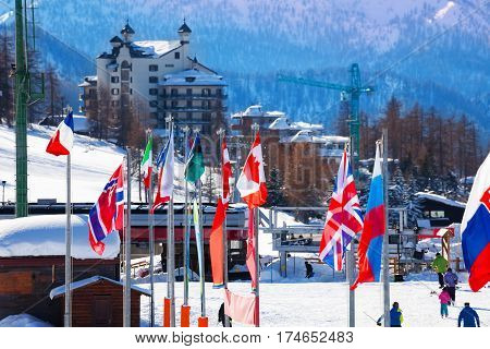 Sestriere - beautiful alpine village in peak season, Italy, Turin