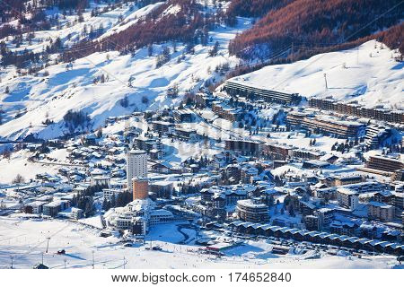 Beautiful panoramic view of Sestriere village, famous ski resort in Piedmont, Italy
