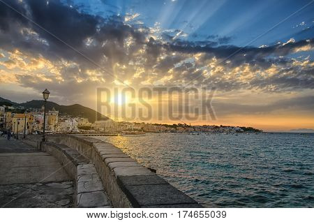 Evening cityscape of Ischia at sunset town in the Metropolitan City of Naples Italy