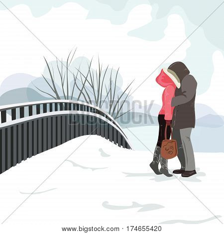 The guy and the girl kiss on a walk in the winter vector illustration EPS 10