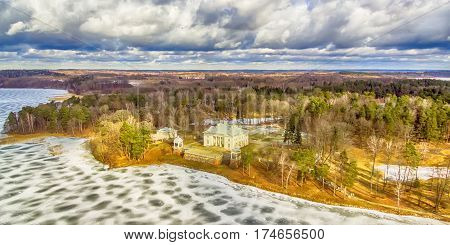 Trakai, Lithuania: Aerial UAV top view of Uzutrakis Palace in the winter