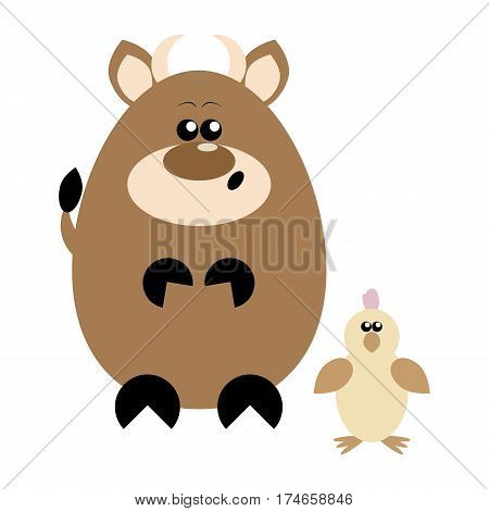 Funny cartoon surprised cow and his chick friend
