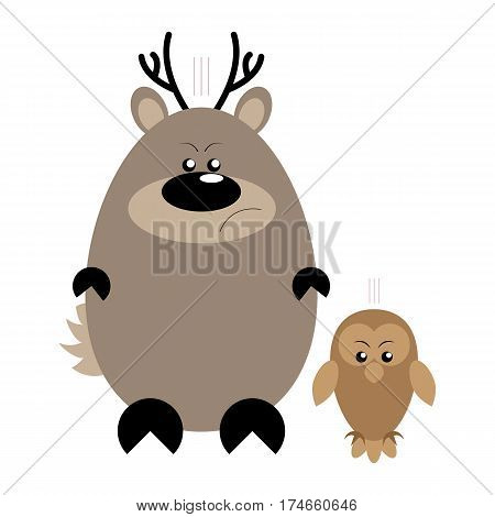 Funny cartoon angry deer and his owl friend