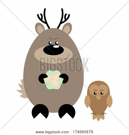 Funny cartoon happy deer and his owl friend