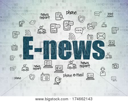 News concept: Painted blue text E-news on Digital Data Paper background with  Hand Drawn News Icons