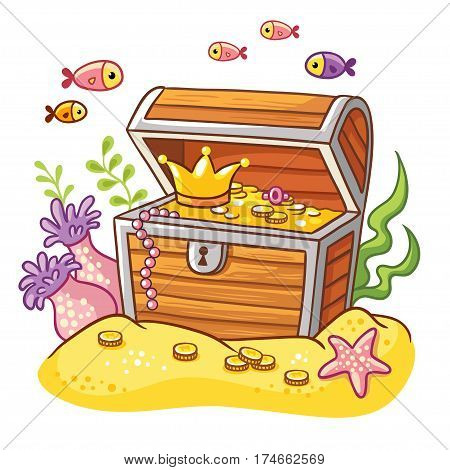 Chest with coins and crown on sea bottom with fish and seaweeds around.
