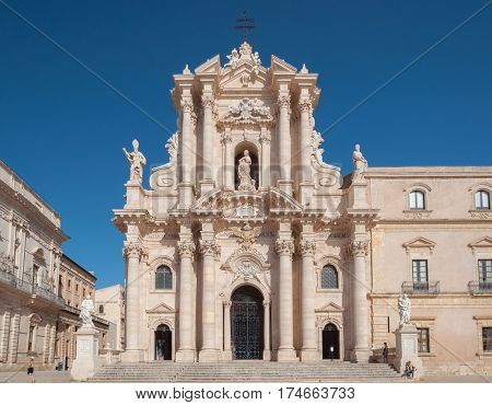 SYRACUSE ITALY - SEPTEMBER 14 2015: View of the cathedral in Syracuse Southern Sicily