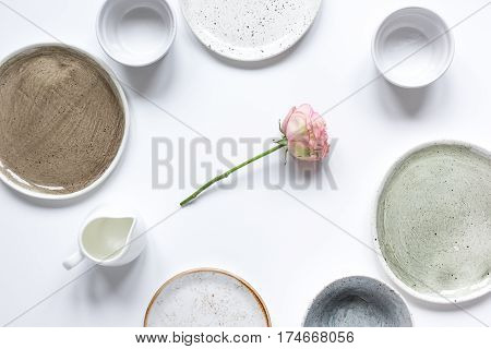 ceramic tableware top view on white background mock up.