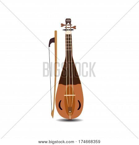 Vector illustration of rebec violin with bow isolated on white background. String musical instrument.