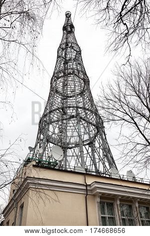 Big tower, TV and radio broadcasting. Shukhov's radio tower - groundbreaking for the XX century hyperboloid design. Built in 1920-1922 by the academician V. G. Shukhov.